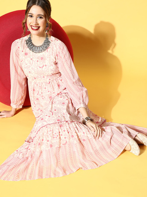 

Juniper Women Pretty Pink Ethnic Motifs Tiered Dress