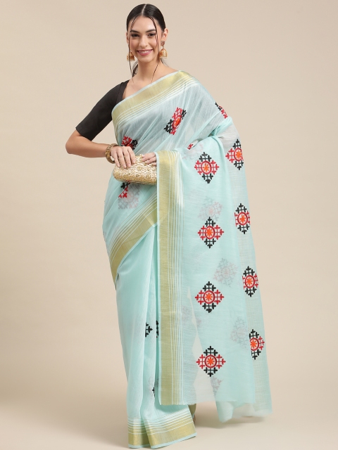 

SUTRAM Blue Ethnic Motifs Embroidered Pure Cotton Kota Saree