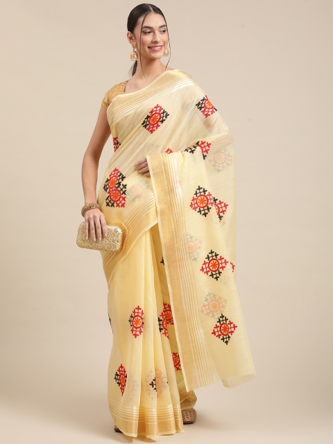 

SUTRAM Yellow Ethnic Motifs Embroidered Pure Cotton Kota Saree