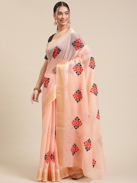 

SUTRAM Peach-Coloured Ethnic Motifs Embroidered Pure Cotton Kota Saree