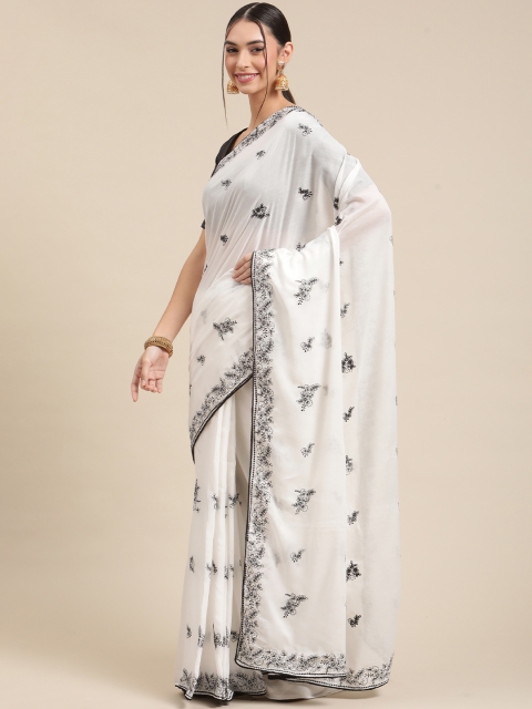 

SUTRAM White & Black Ethnic Motifs Embroidered Pure Cotton Kota Saree