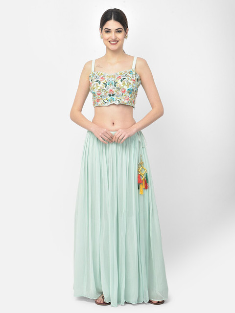 

Neerus Olive Green & Pink Embroidered Ready to Wear Lehenga