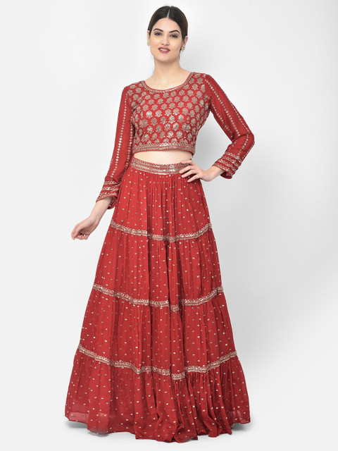 

Neerus Red & Gold-Toned Embroidered Sequinned Ready to Wear Lehenga & Blouse With Dupatta