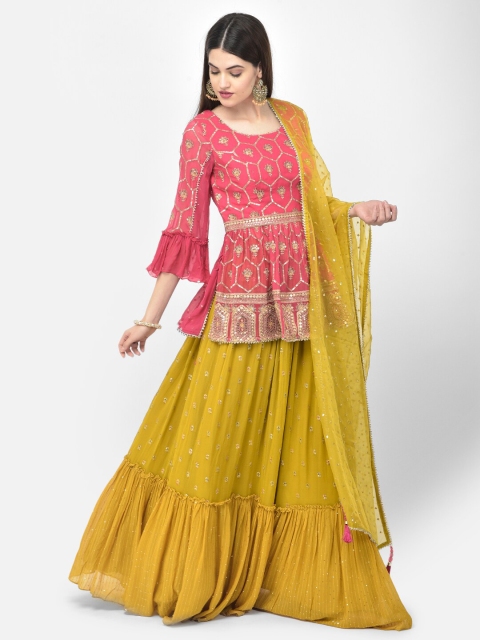 

Neerus Mustard Yellow & Pink Embroidered Ready to Wear Lehenga & Blouse With Dupatta
