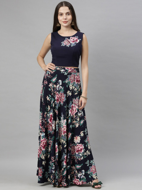 

Neerus Women Navy Blue Floral Printed Ready To Wear Lehenga Choli
