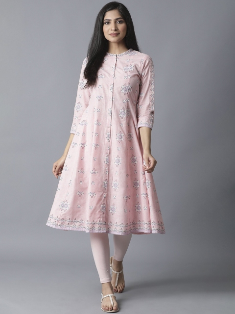 

W Women Pink Printed Panelled Pure Cotton Kurta with Trousers