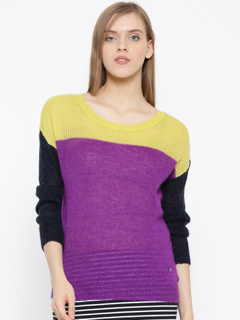 

United Colors of Benetton Women Purple Colourblocked Semi-Sheer Sweater