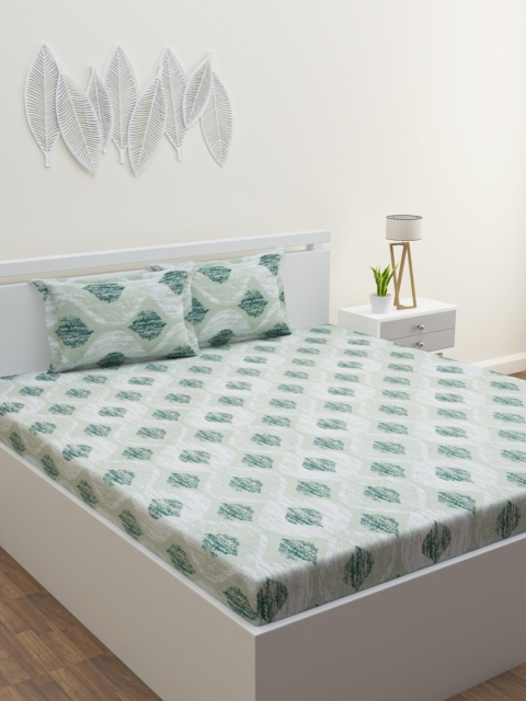 

HOME AFFAIRS Green & White Geometric 144 TC King Bedsheet with 2 Pillow Covers