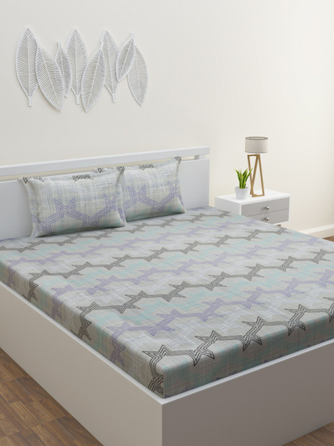 

HOME AFFAIRS Grey & Purple Geometric 144 TC King Bedsheet with 2 Pillow Covers