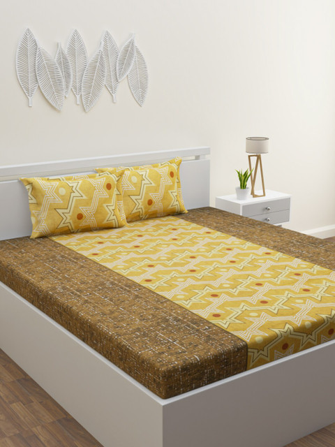 

HOME AFFAIRS Yellow & Red Geometric 144 TC King Bedsheet with 2 Pillow Covers