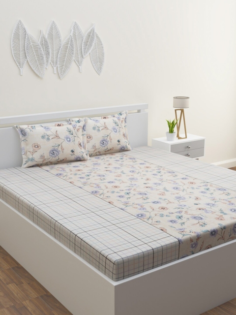 

HOME AFFAIRS Cream-Coloured & Blue Geometric 144 TC King Bedsheet with 2 Pillow Covers