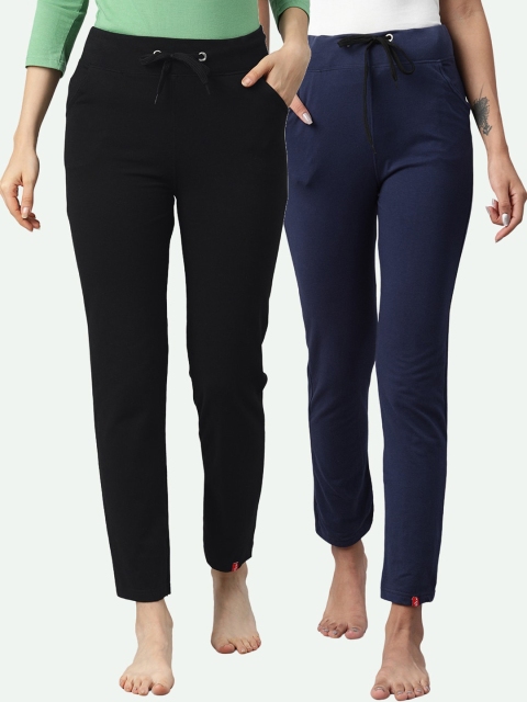 

NOT YET by us Women Black & Navy Blue Set Of 2 Solid Track Pants