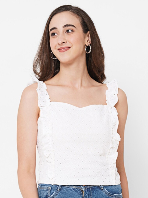 

PAPA BRANDS White Schiffli Ruffle Embroidered Crop Top