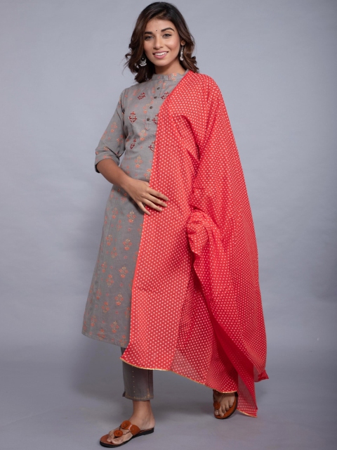 

KALINI Women Grey Ethnic Motifs Printed Kurta with Trousers & Dupatta