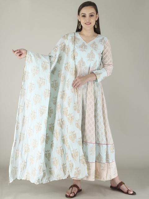 

KALINI Women Blue Floral Printed Angrakha Pure Cotton Kurta with Skirt & With Dupatta