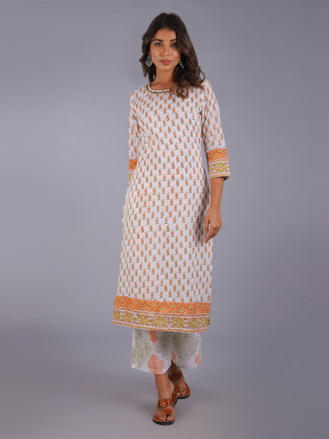 

KALINI Women White Ethnic Motifs Printed Pure Cotton Kurta with Trousers & With Dupatta