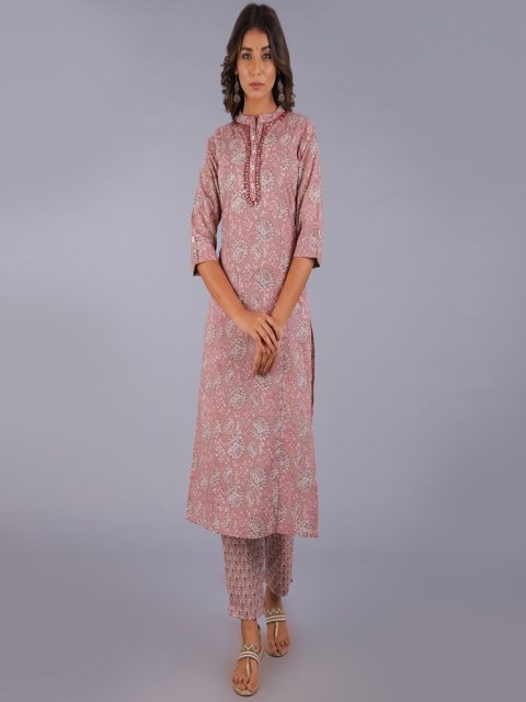 

KALINI Women Peach-Coloured Floral Printed Pure Cotton Kurta with Trousers