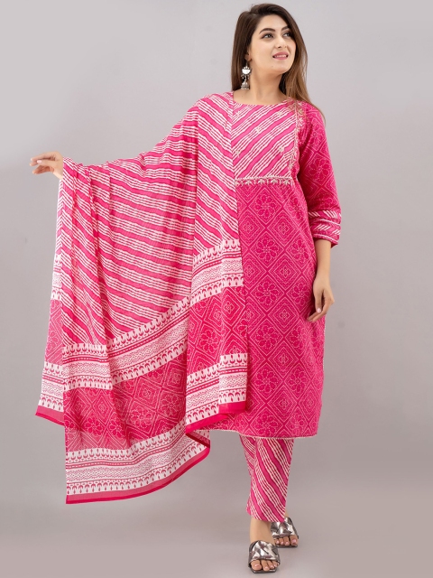

KALINI Women Pink Ethnic Motifs Printed Pure Cotton Kurta With Trousers & Dupatta