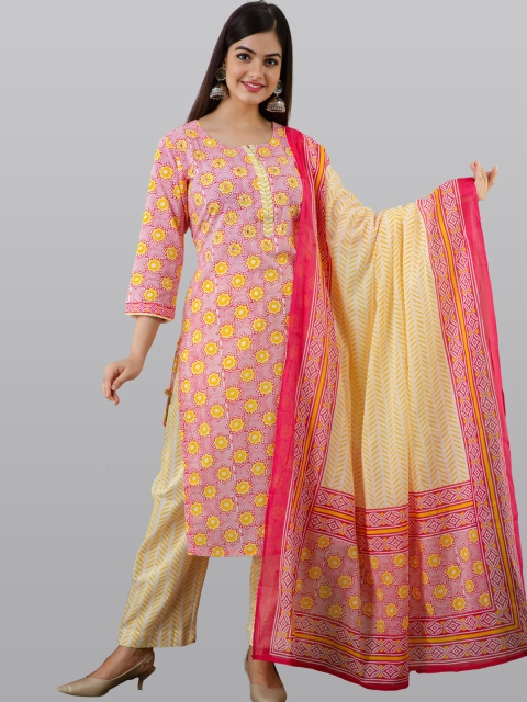 

KALINI Women Red Floral Printed Panelled Pure Cotton Kurta with Trousers & With Dupatta