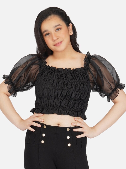

Antheaa Black Smocked Chiffon Blouson Crop Top