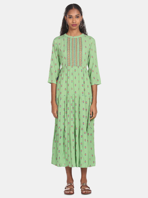 

Karigari Women Green & Orange Printed Maxi Dress