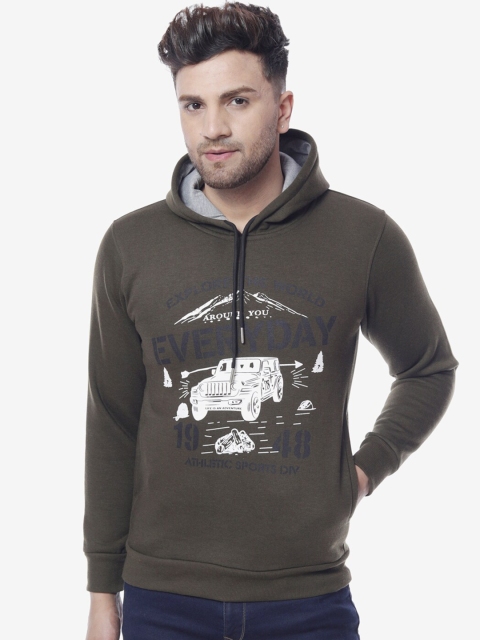

THE MILLION CLUB Men Olive Green Printed Hooded Sweatshirt