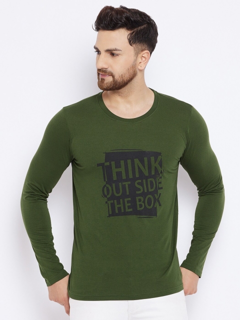 

THE MILLION CLUB Men Olive Green & Black Typography Printed T-shirt