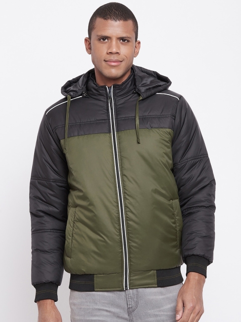 

Okane Men Olive Green Colourblocked Lightweight Bomber Jacket