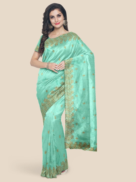 

Kalamandir Sea Green & Gold-Toned Ethnic Motif Silk Blend Saree