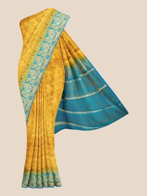 

Kalamandir Orange & Blue Ethnic Motifs Silk Blend Banarasi Saree