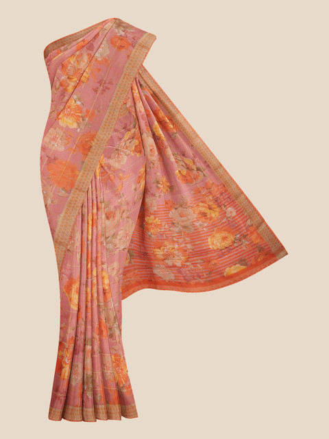 

Kalamandir Coral & Orange Floral Linen Blend Banarasi Saree