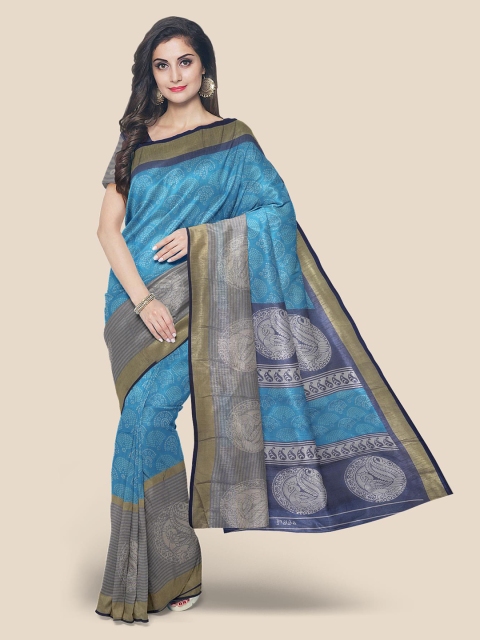 

Kalamandir Blue & Silver Ethnic Motifs Zari Linen Blend Banarasi Saree
