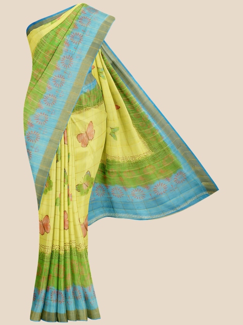 

Kalamandir Yellow & Green Floral Zari Linen Blend Banarasi Saree