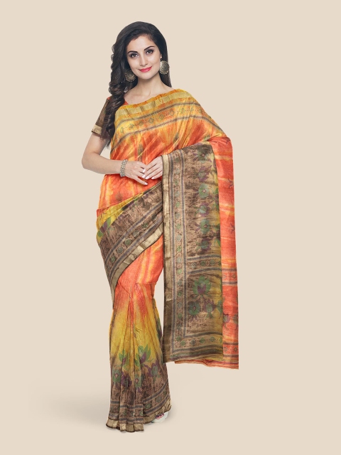 

Kalamandir Yellow & Orange Floral Printed Zari Linen Blend Saree