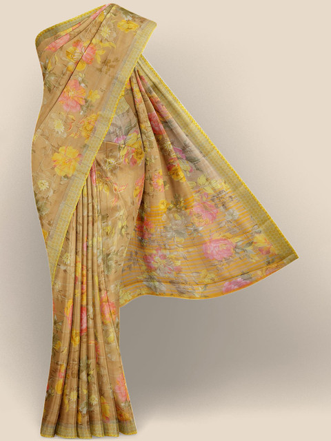 

Kalamandir Tan & Pink Floral Linen Blend Banarasi Saree