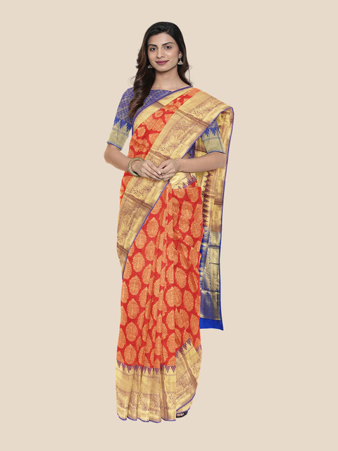 

Kalamandir Red & Blue Ethnic Motifs Zari Silk Blend Banarasi Saree