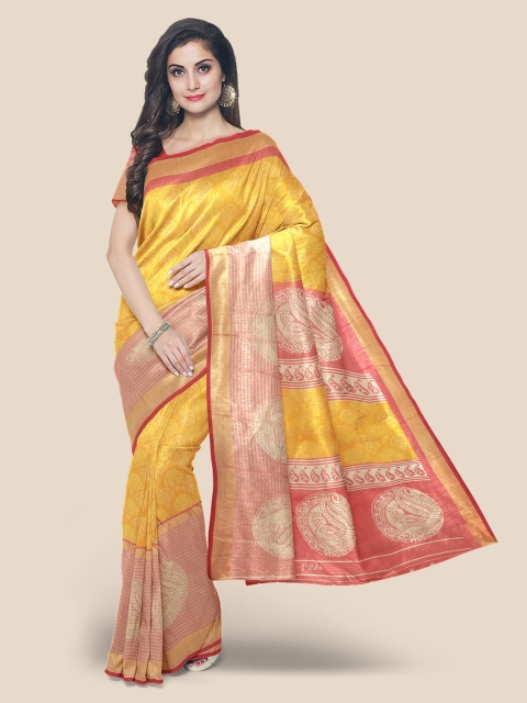 

Kalamandir Yellow & Cream-Coloured Ethnic Motifs Linen Blend Banarasi Saree
