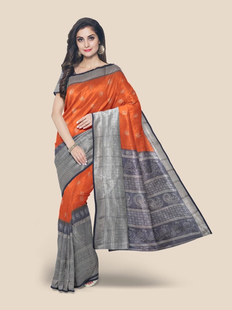 

Kalamandir Orange & Silver-Toned Floral Zari Linen Blend Banarasi Saree