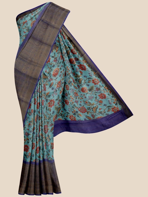 

Kalamandir Turquoise Blue & Red Floral Zari Banarasi Saree