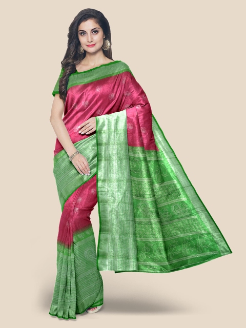 

Kalamandir Pink & Green Floral Printed Linen Blend Banarasi Saree