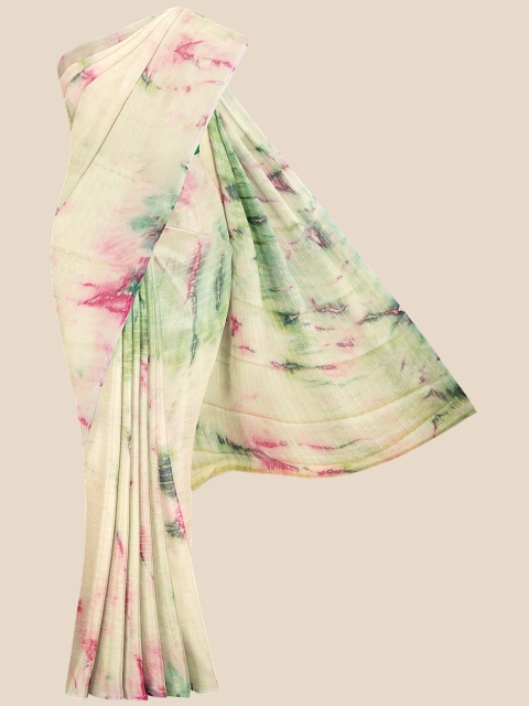 

Kalamandir Cream-Coloured & Green Tie and Dye Zari Saree