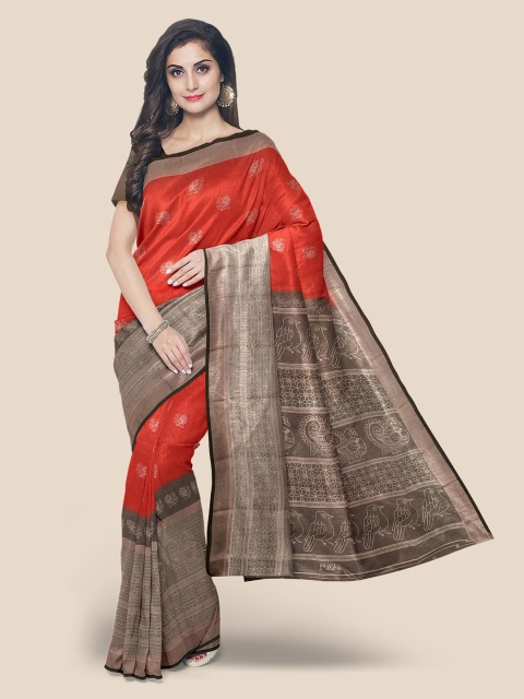 

Kalamandir Red & Taupe Ethnic Motifs Zari Linen Blend Banarasi Saree