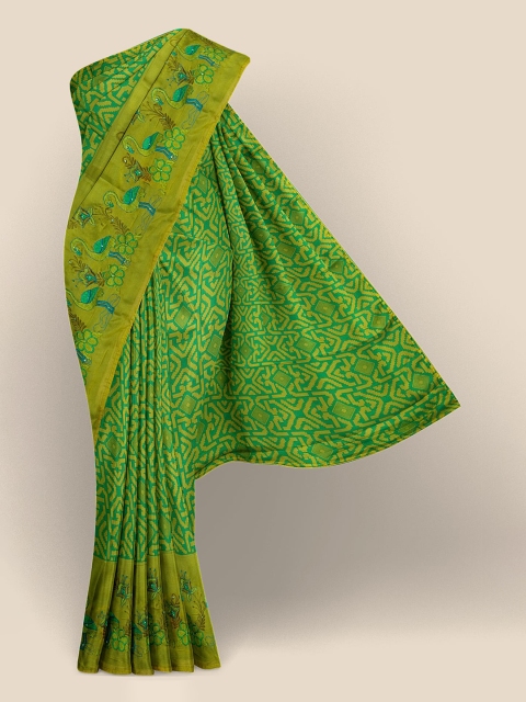 

Kalamandir Olive Green Ethnic Motifs Beads and Stones Silk Blend Saree