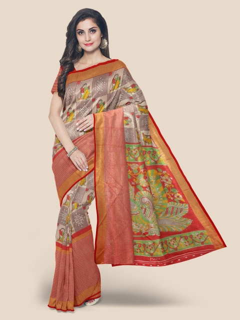 

Kalamandir Grey & Red Ethnic Motifs Linen Blend Banarasi Saree