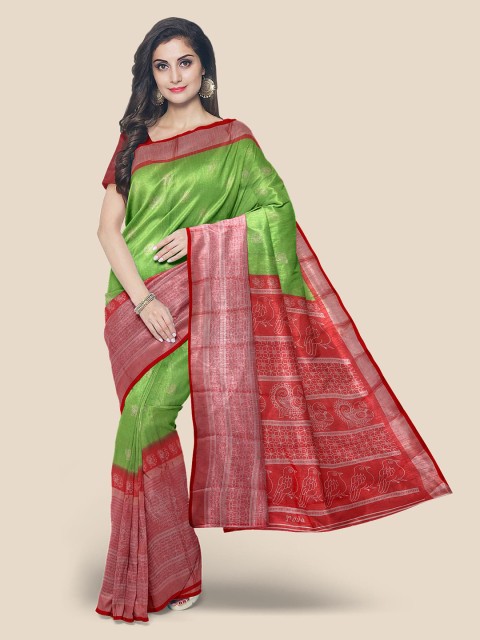 

Kalamandir Green & Red Ethnic Motifs Zari Linen Blend Banarasi Saree