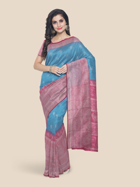 

Kalamandir Blue & Red Ethnic Motifs Zari Linen Blend Banarasi Saree