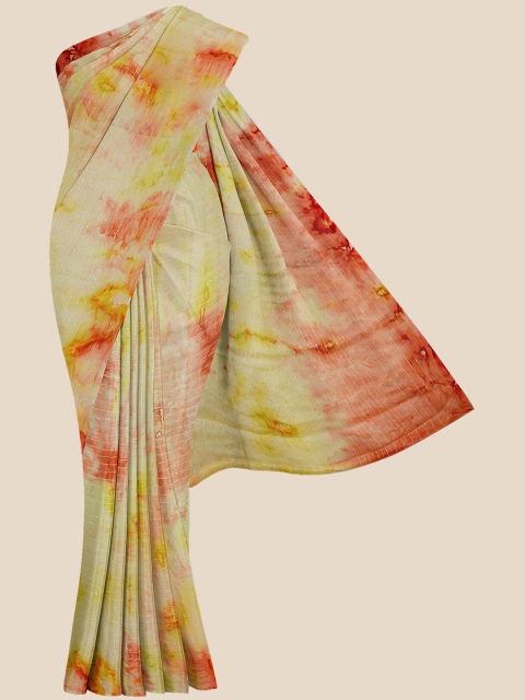 

Kalamandir Cream-Coloured & Red Tie and Dye Sequinned Saree