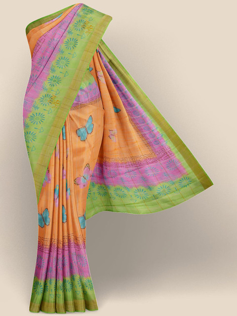 

Kalamandir Orange & Green Floral Zari Linen Blend Banarasi Saree