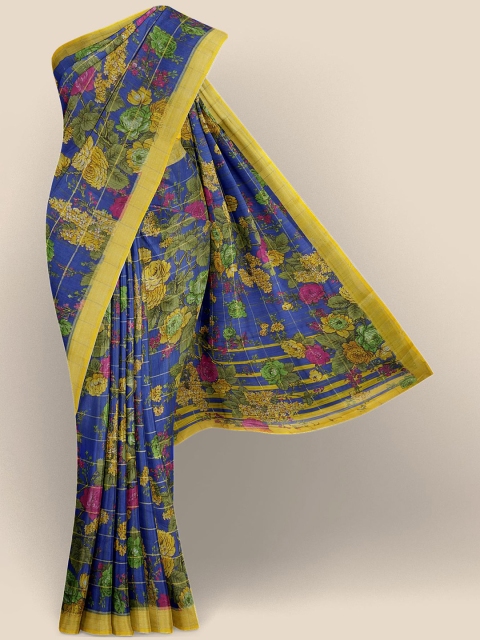 

Kalamandir Blue & Yellow Floral Zari Linen Blend Banarasi Saree