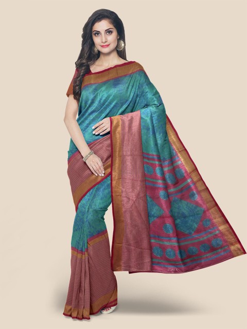 

Kalamandir Green & Fuchsia Tie and Dye Zari Linen Blend Banarasi Saree